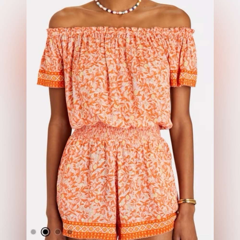Poupette St. Barth Orange Floral Off-Shoulder Romper